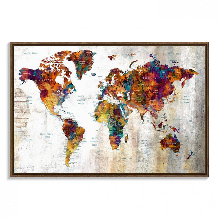 A vibrant Grunge Map Canvas Wall Art Set (3 Panels) for home or office decor, perfect for travel enthusiasts.