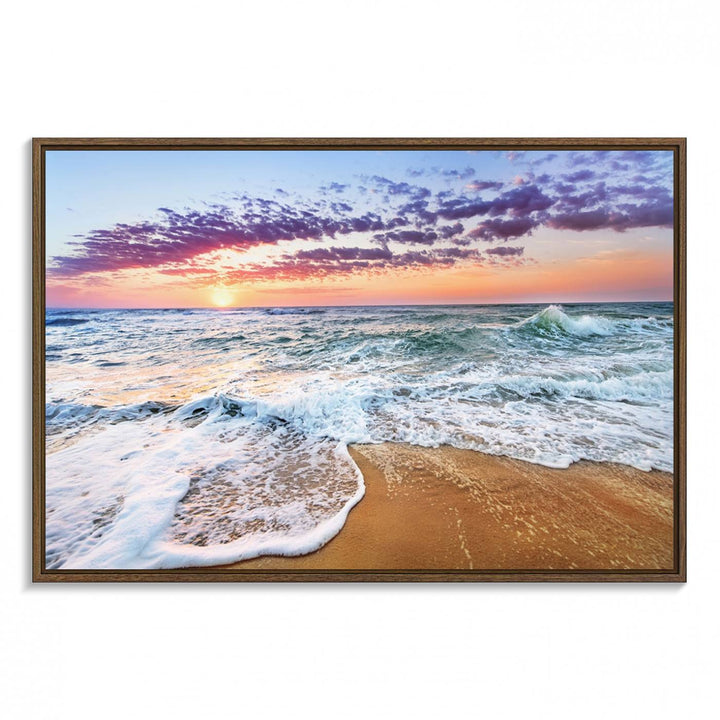 The Coastal Sunset Art Canvas Print features ocean waves beneath a vibrant sky in a stunning 3-panel seascape.