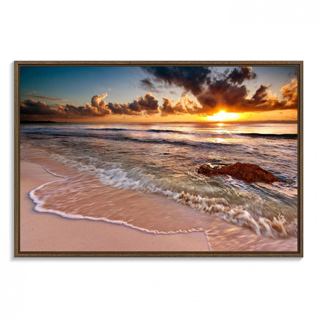 The Sunset on Ocean Wall Art Canvas Print beautifully captures a beach sunset, gentle waves, and a peaceful atmosphere.