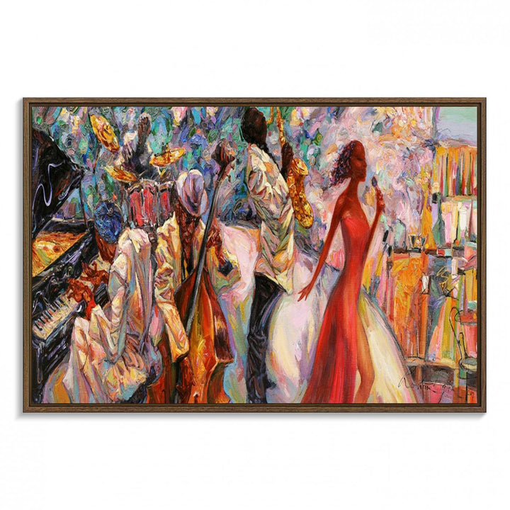 The Abstract Afro American Jazz Canvas captures a vibrant jazz band and showcases a woman dancing in red, making it perfect for dining or music spaces.