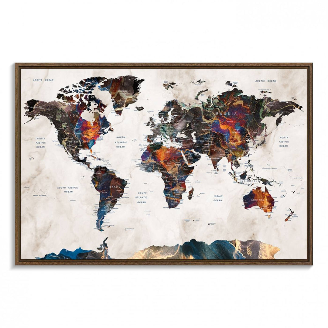 Watercolor World Map Canvas Print in earthy hues with a grunge background, ideal for wall decor.