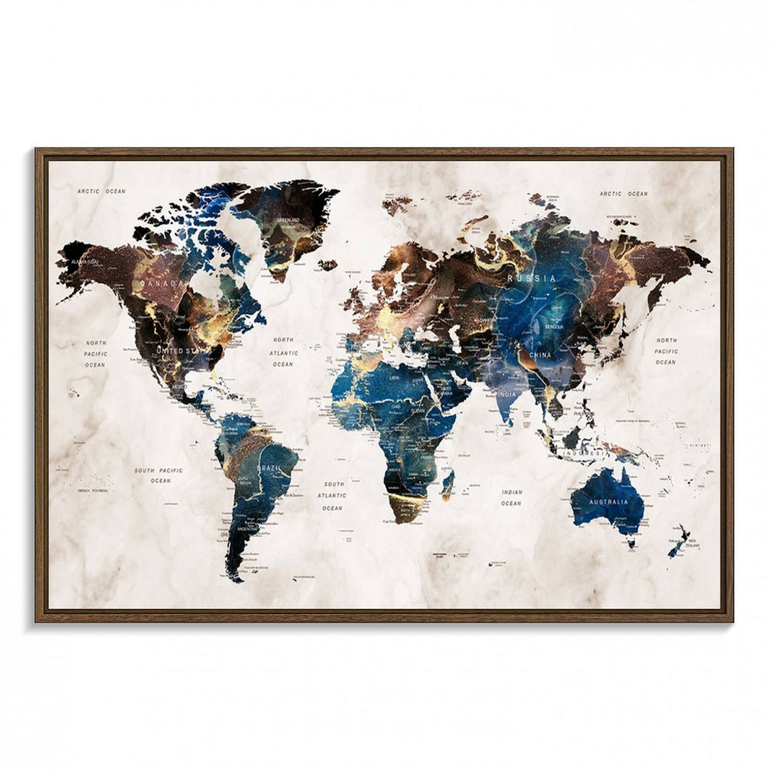 Abstract earth-toned 3-panel world map wall art featuring blues and browns, ready to hang; it showcases continents on modern canvas.