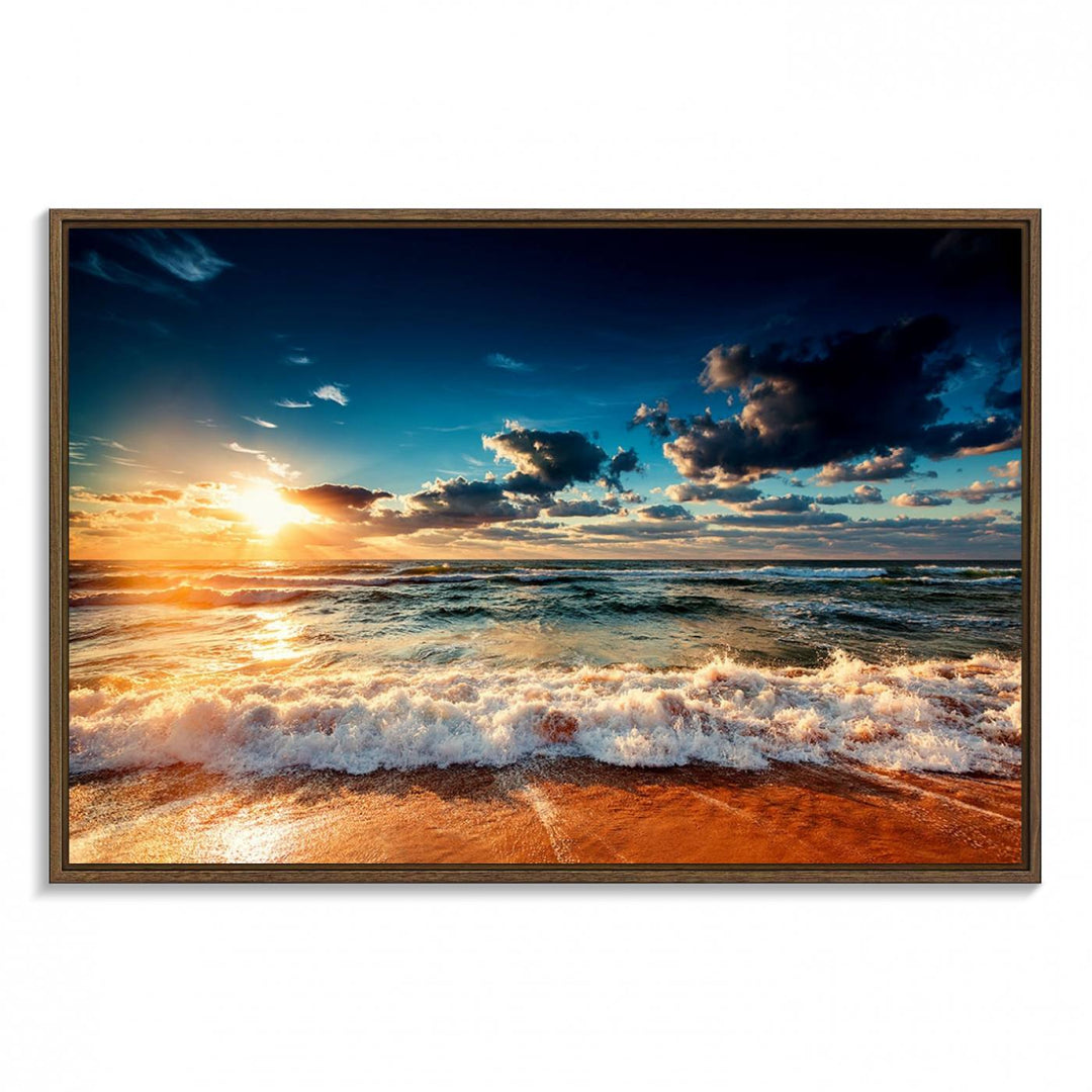 Golden Hour Sunset Over Ocean Waves Canvas: 3-Panel Coastal Landscape Art with Stunning Beach Photography Print.