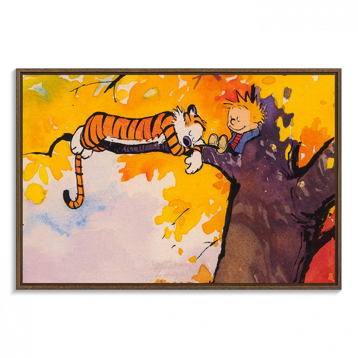 A wall art featuring a boy and a tiger amidst autumn leaves, reminiscent of the Calvin and Hobbes Tree Scene Canvas Print, ideal for creating a playful atmosphere.