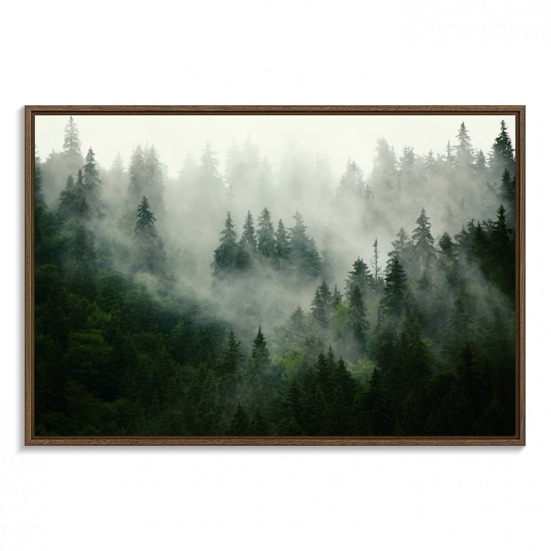 The Misty Forest Wall Art Canvas Print captures a serene, foggy evergreen landscape, evoking a mysterious woodland ambiance.