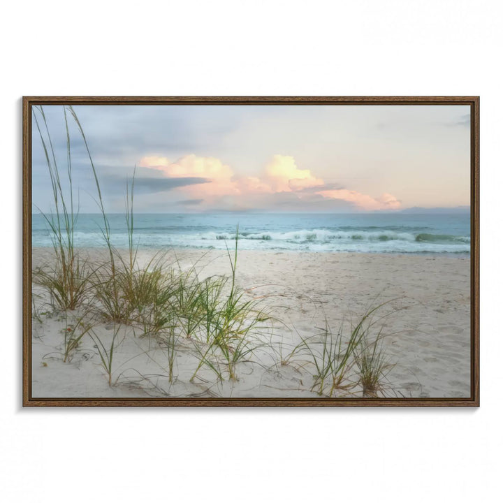 Flight Over Coastal Beach print on UV canvas displayed against white walls.