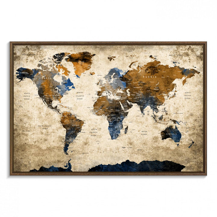 Vintage World Map Canvas Wall Art – Textured Triptych Map Print – Global Decor for Living Room or Office – Ready to Hang