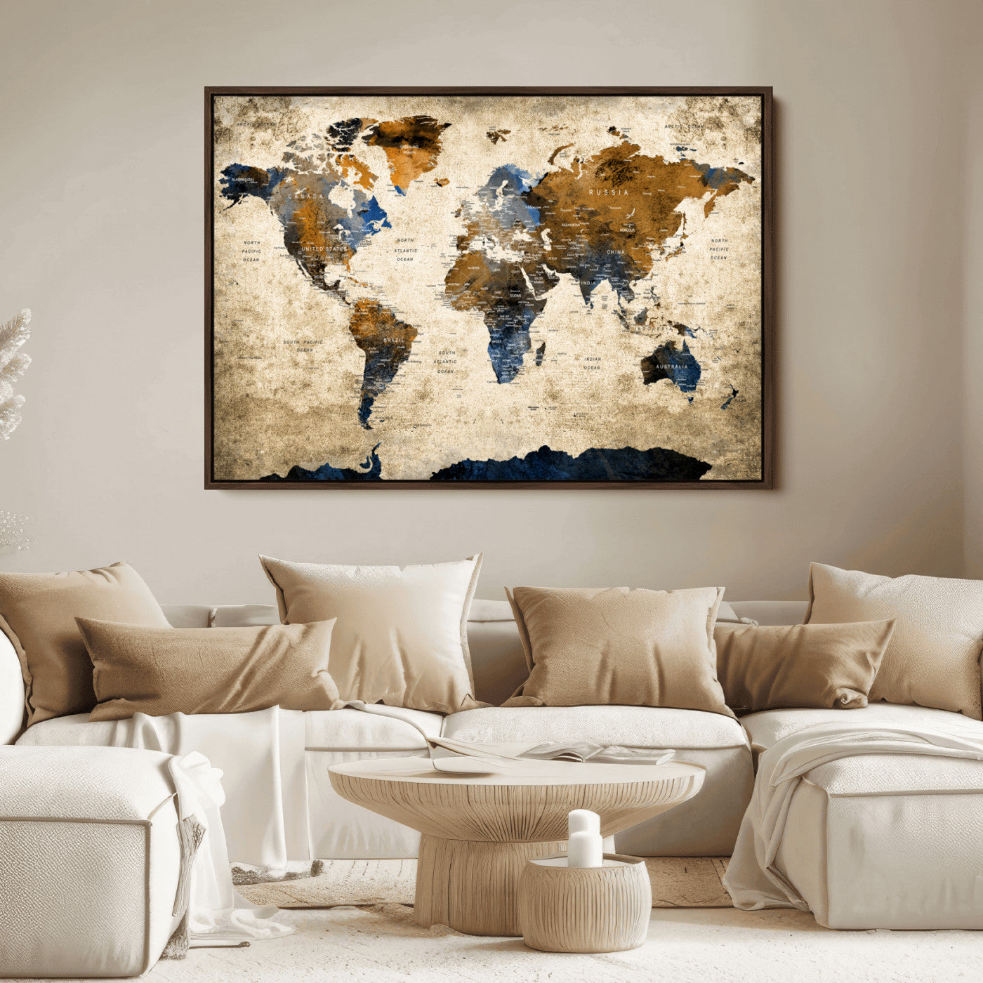 [sku] Vintage World Map Canvas Wall Art – Textured Triptych Map Print – Global Decor for Living Room or Office – Ready to Hang