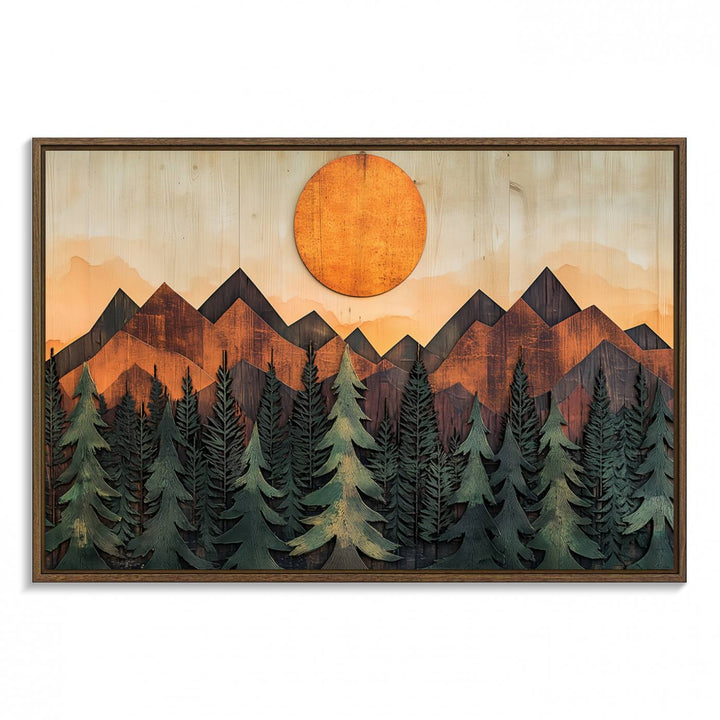 Sunset Mountain Landscape canvas wall art print featuring forest and wooden textures in green, brown, and orange.