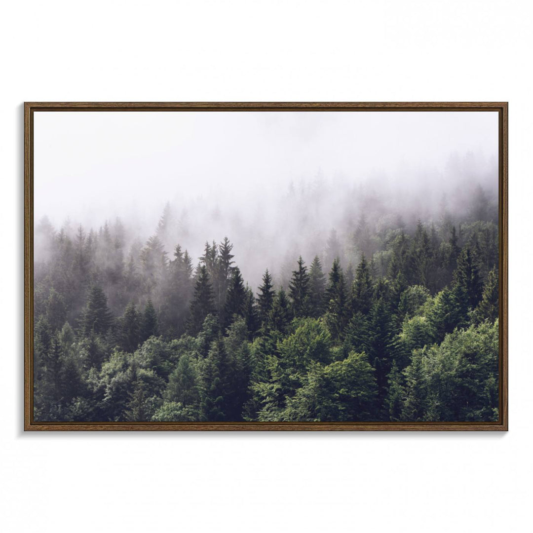 A serene triptych nature print featuring a misty forest, perfect as wall art.