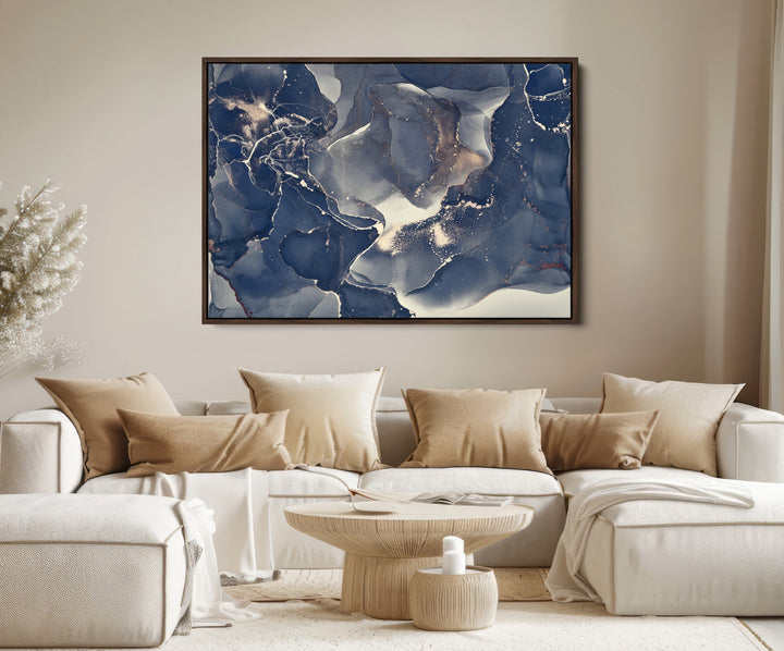 Large Abstract Blue and Gold Canvas Wall Art | Fluid Ink Artwork Print | Luxury Wall Decor for Contemporary Interiors | Framed Ready to Hang