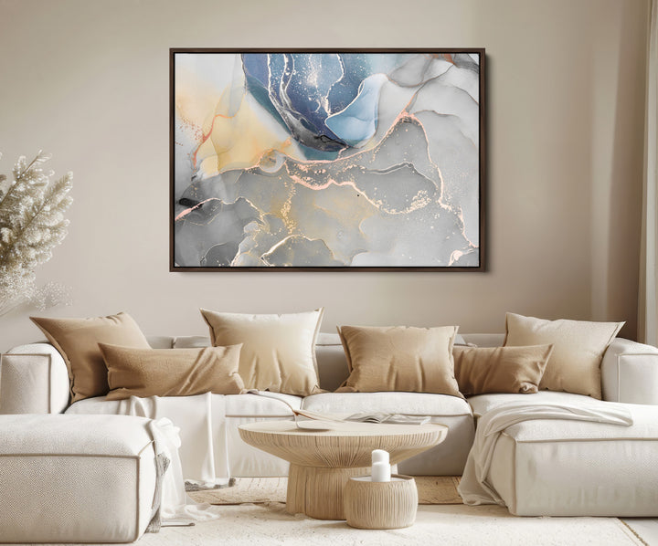 Large Abstract Blue and Gold Canvas Wall Art | Fluid Ink Artwork Print | Luxury Wall Decor for Contemporary Interiors | Framed Blue and Gold