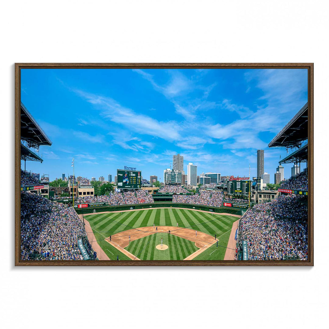 Panoramic view of Wrigley Field, ideal for the Wrigley Field Chicago Cubs Panoramic Canvas Wall Art - Ready to Hang.