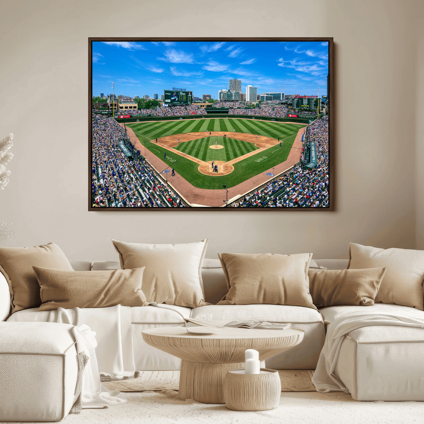 26064-MGV-CV-30X20-Framed Wrigley Field Chicago Cubs Print, Panoramic Multi Piece Canvas Wall Art - Iconic Baseball Stadium Print for Sports Lovers - Ready to