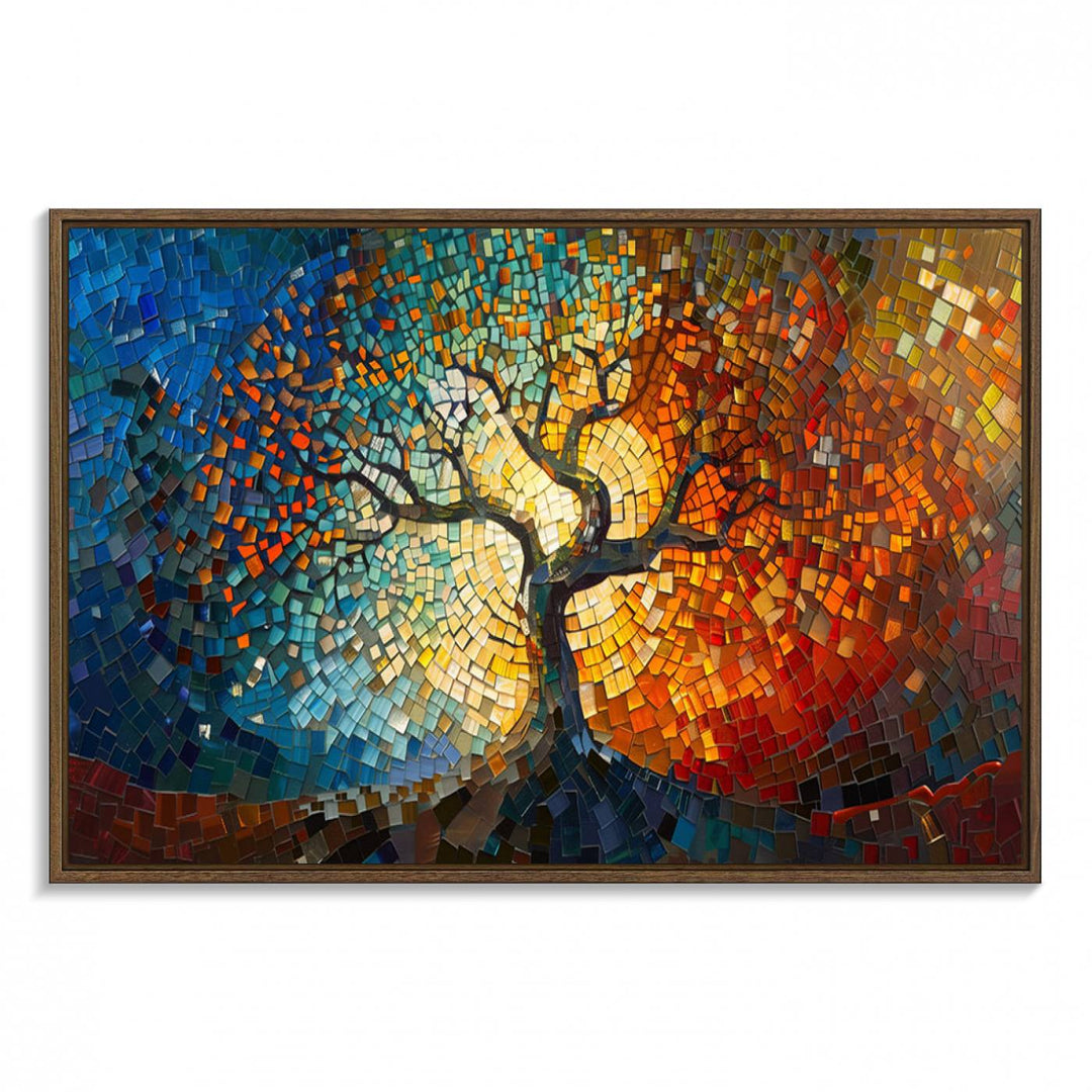 Mosaic Tree Canvas Wall Art: A stunning stained glass-inspired Tree of Life featuring blue and orange swirling patterns reminiscent of a sunburst.