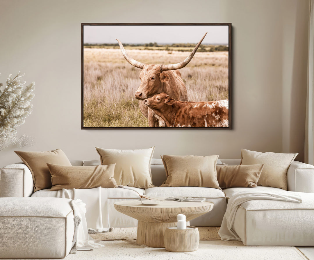 60320-MGV-FC-36X24_Walnut-Texas Longhorn Cow Wall Art Canvas Print for Farmhouse Wall Art, Texas Decor, Western Wall Art Print