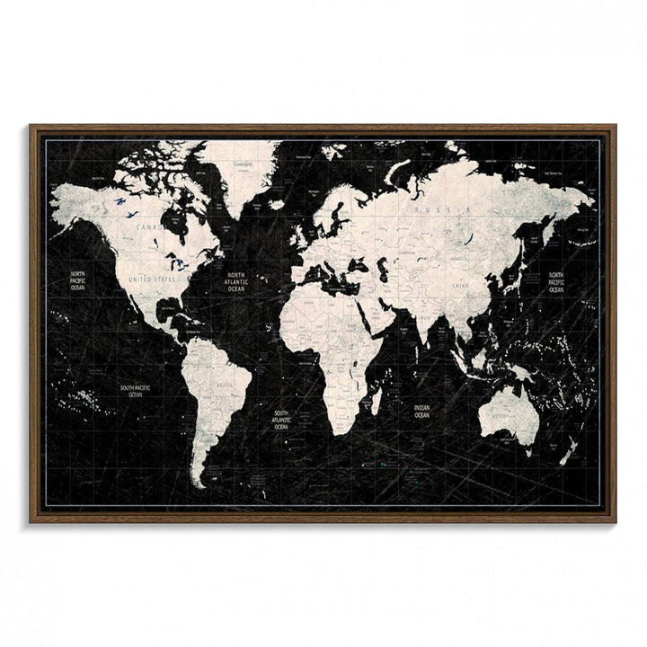 Framed Black and White World Map Canvas Print | 3-Panel Ready to Hang Wall Art for Modern Home Decor | Bold Global Style for Office Decor