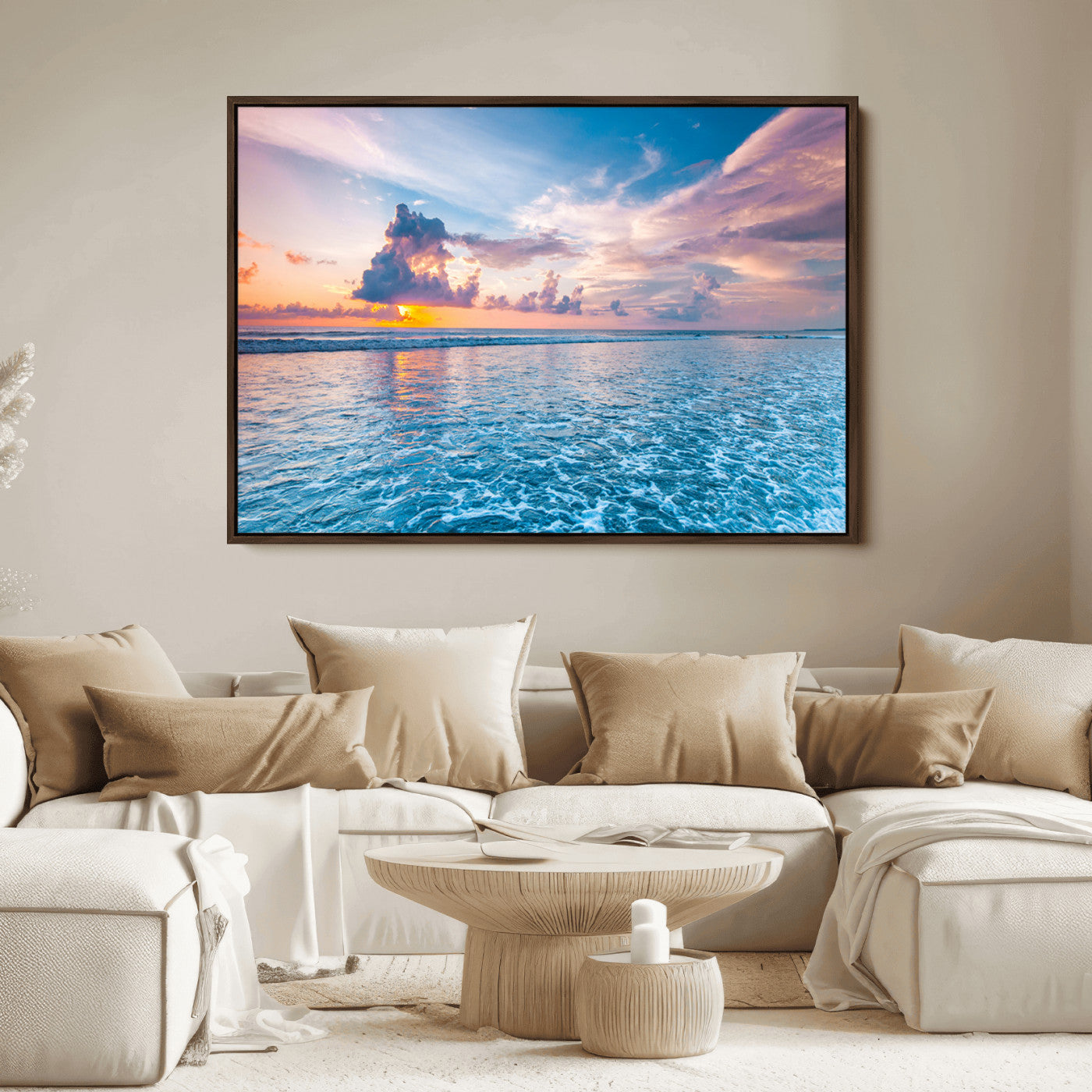 36641-MGV-FC-36X24_Walnut-Ocean Sunset Canvas Wall Art Print - Tranquil Seascape with Vibrant Sky and Rolling Waves Canvas Print - Coastal Wall Decor for Home or