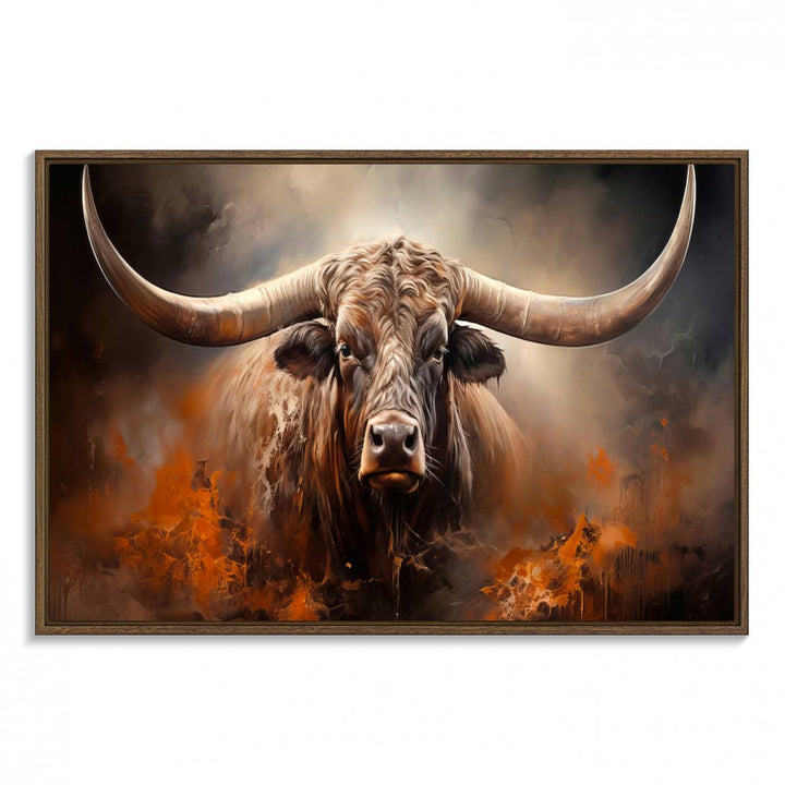 A Highland Bull with striking horns is depicted in a fiery abstract style on a ready-to-hang wall art canvas, evoking strength.