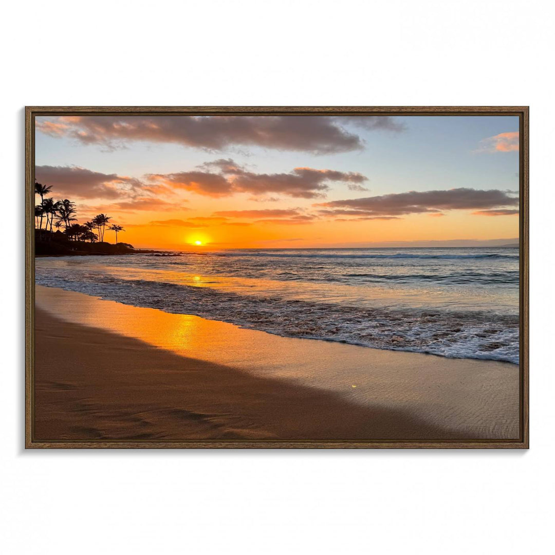 Sunset Wall Art Print featuring a beach sunset with waves and palms, perfect for coastal decor.