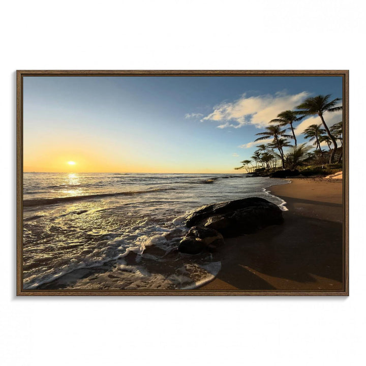 A serene tropical sunset on canvas, featuring palms and waves, serves as perfect Tropical Beach Wall Art for home or office decor.