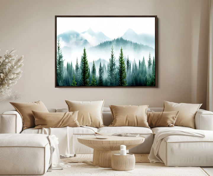Pine Forest Wall Art Canvas Print, Framed Misty Mountains Art Picture Print, Foggy Trees Perfect Moody Forest Decor Artwork