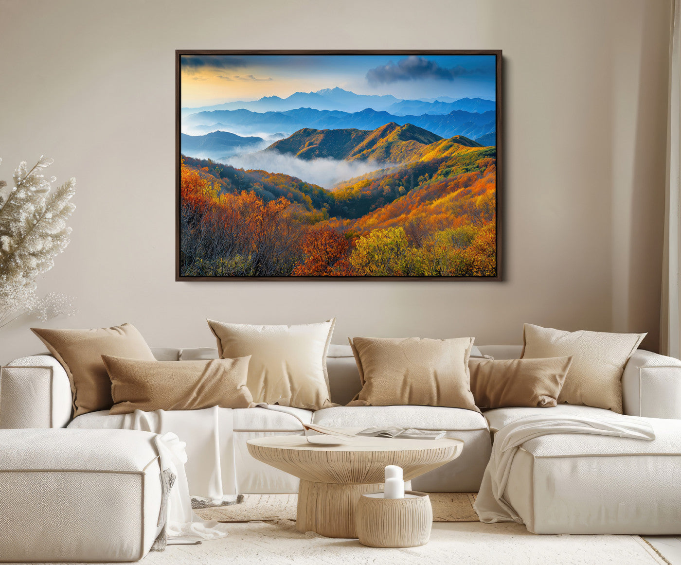 86772247-MGV-FC-36X24-Autumn Mountains Wall Art Canvas Print – Foggy Peaks Colorful Foliage Serene Landscape Nature Artwork for Home Office