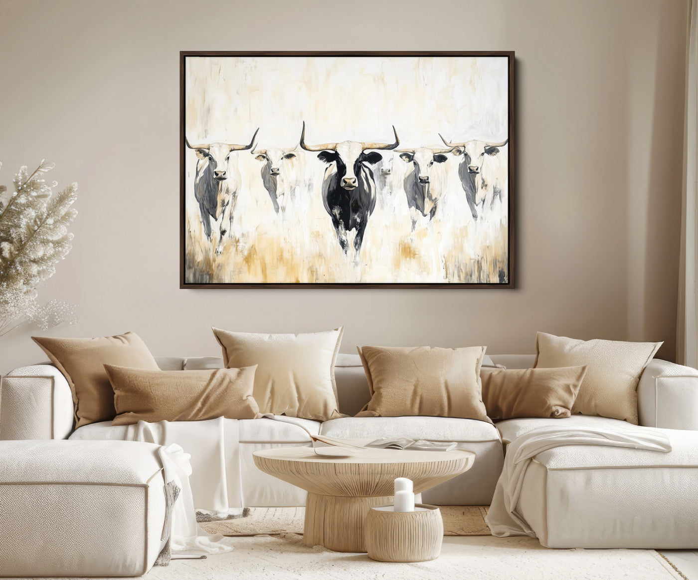 40397799-MGV-FC-36X24-Texas Longhorn Wall Art Canvas Print – Rustic Western Bull Herd Neutral Tones Country Ranch Artwork for Home Office