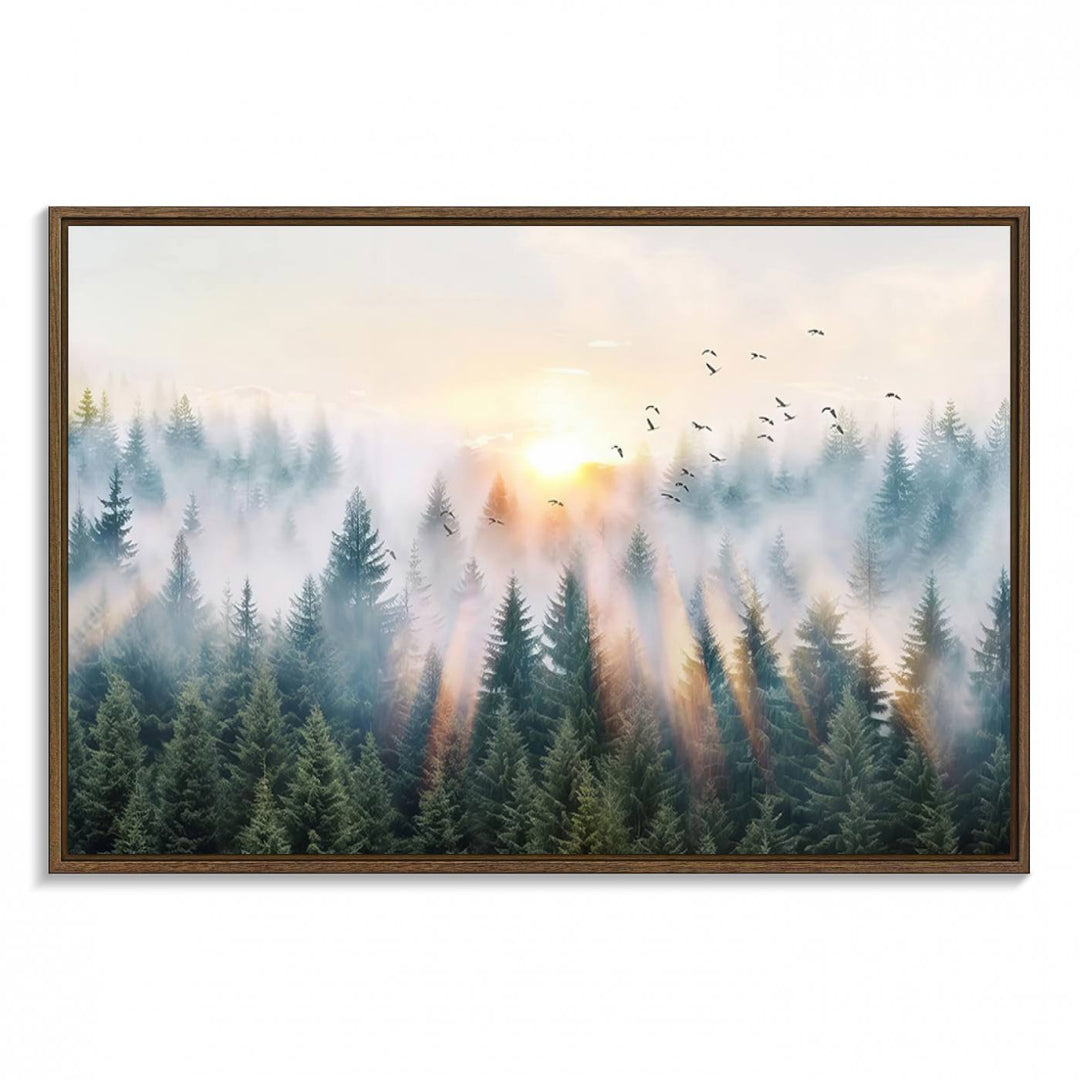 Misty Pine Forest Wall Art: A depiction of sunrise over foggy trees and birds against a bright sky; a framed woodland scene ideal for home or office decor.