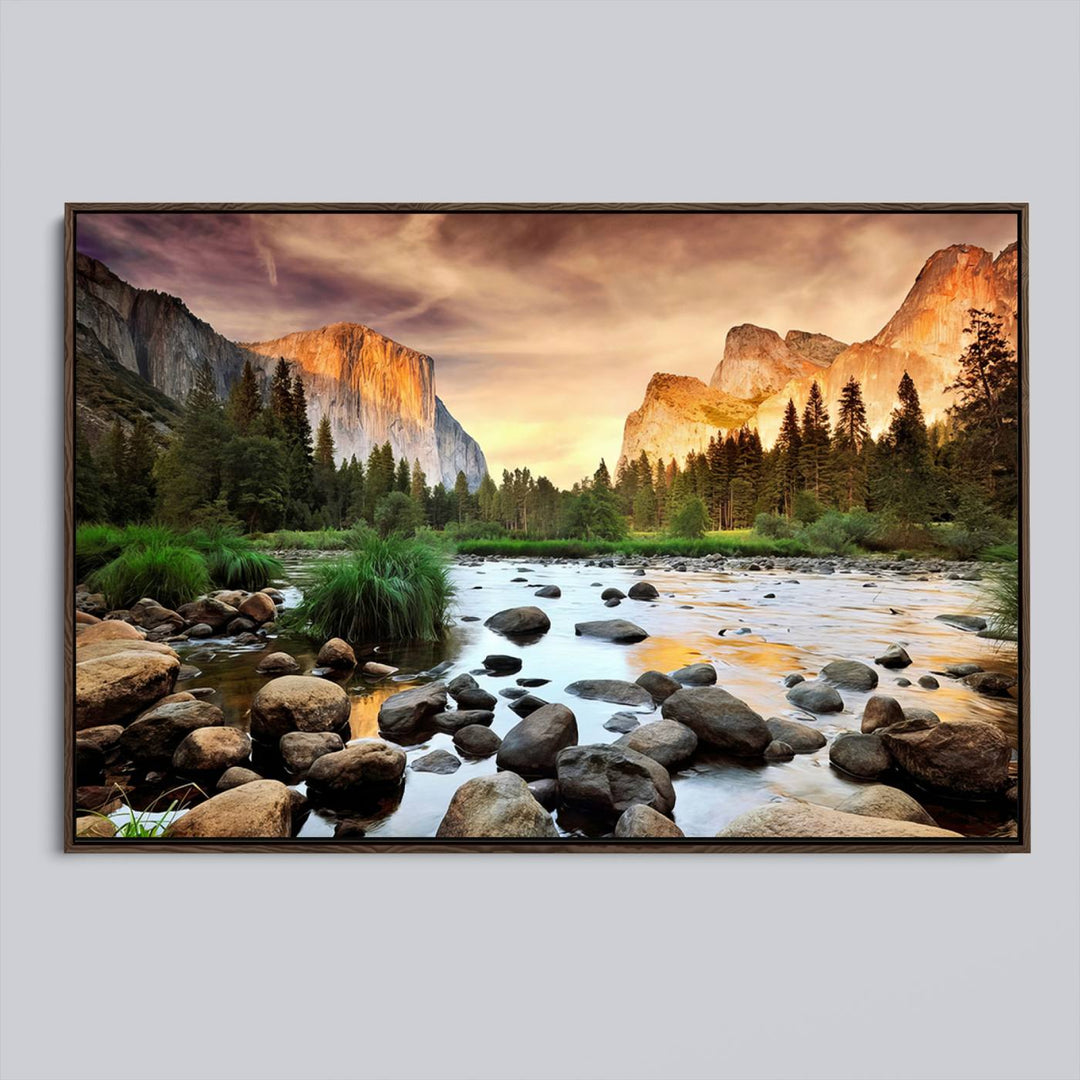 A tranquil riverside sunset mirrors the beauty of a Yosemite wall art masterpiece like the Large El Capitan Print.