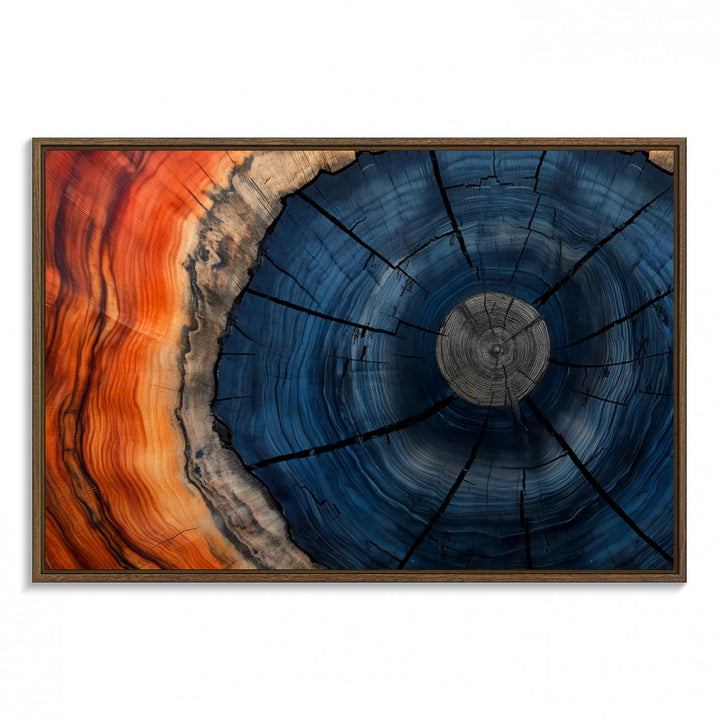 Abstract Tree Rings Canvas Print with vibrant colors—ideal farmhouse wall art for a woodland-themed home.