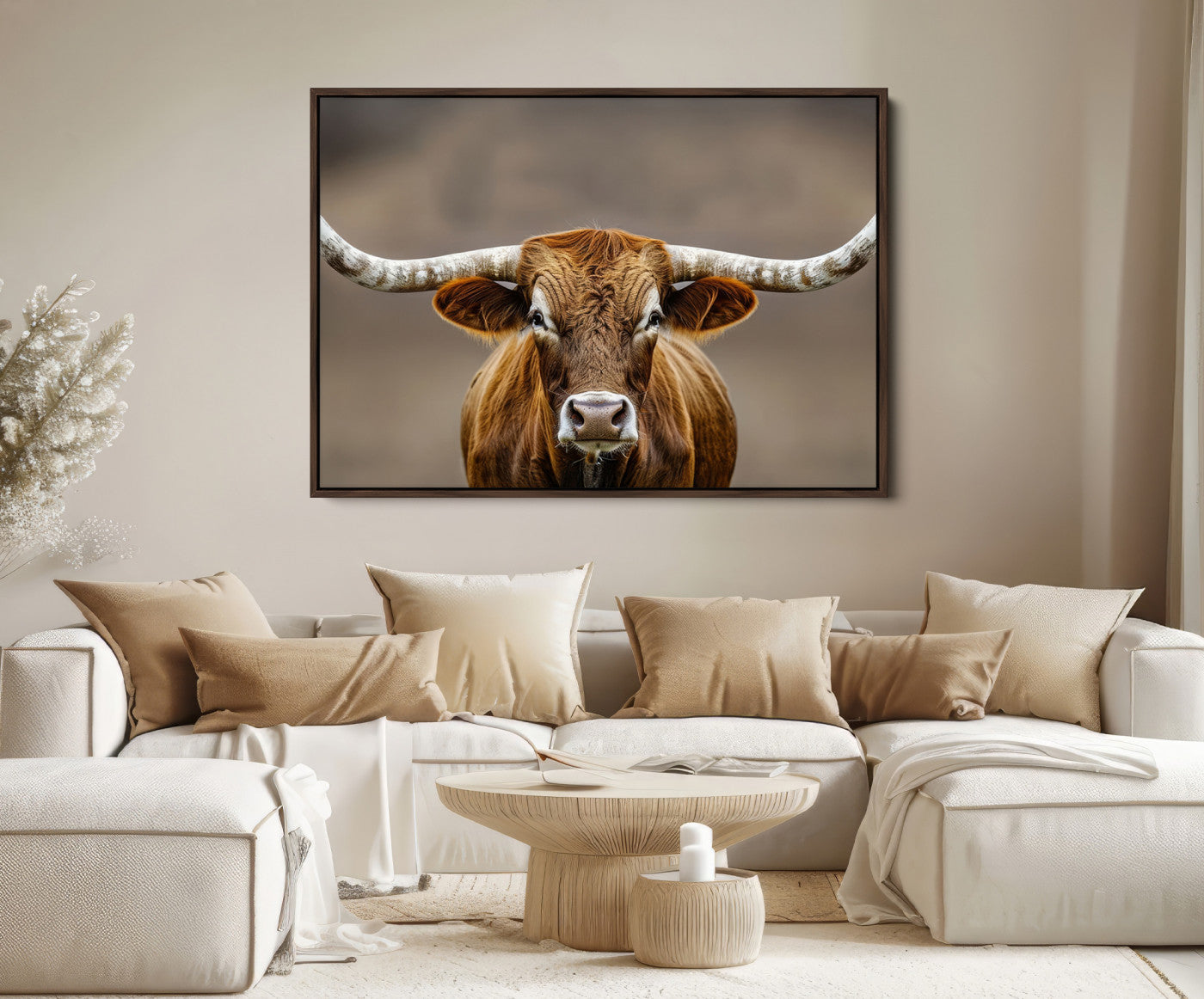 12179171-MGV-FC-36X24-Texas Longhorn Wall Art Canvas Print – Brown Bull Rustic Ranch Western Cattle Nature Artwork for Home Office