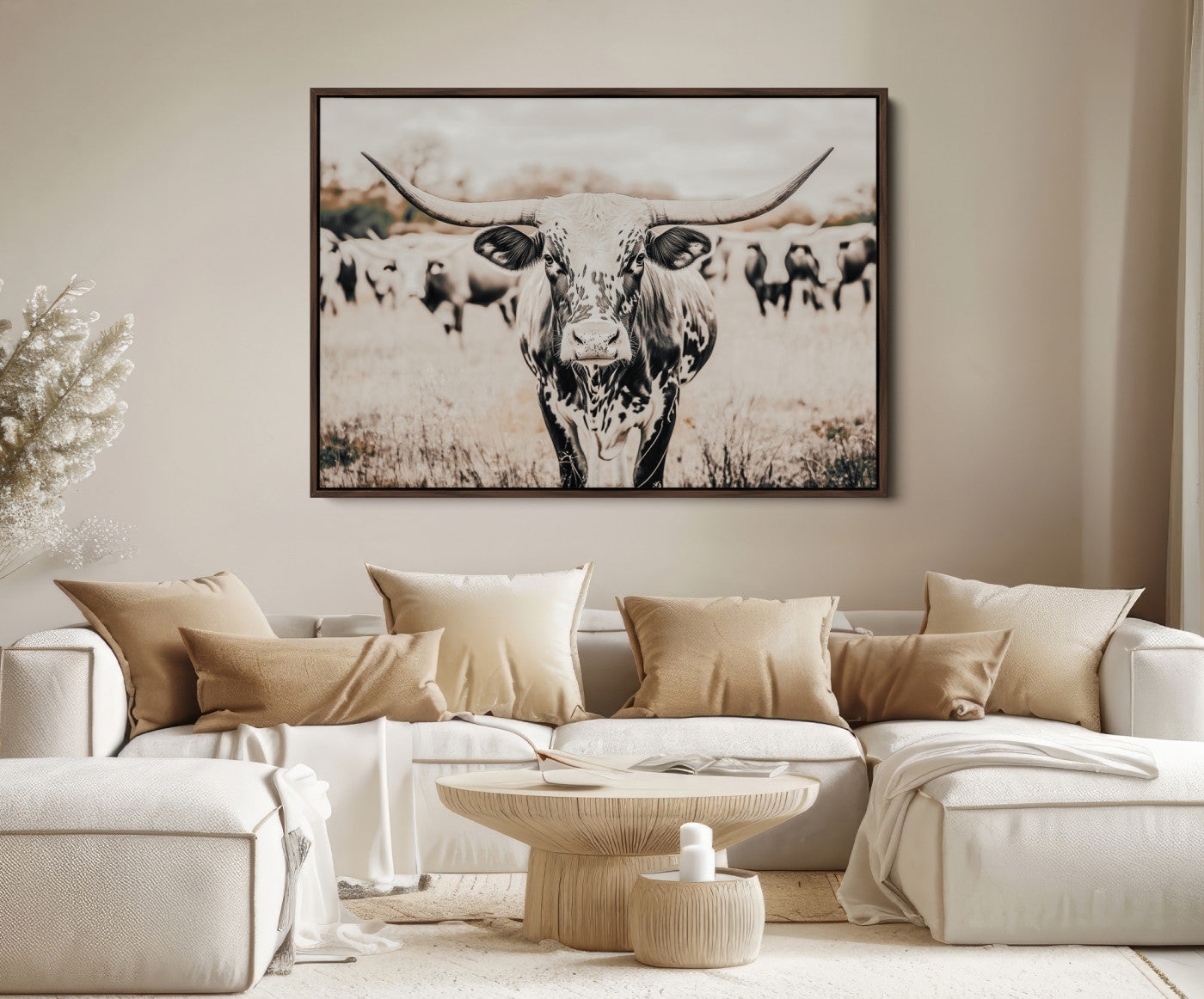 Texas Longhorn Wall Art Canvas Print, Framed Speckled Cow Art Picture Print, Horned Cattle Perfect Rustic Western Decor Artwork