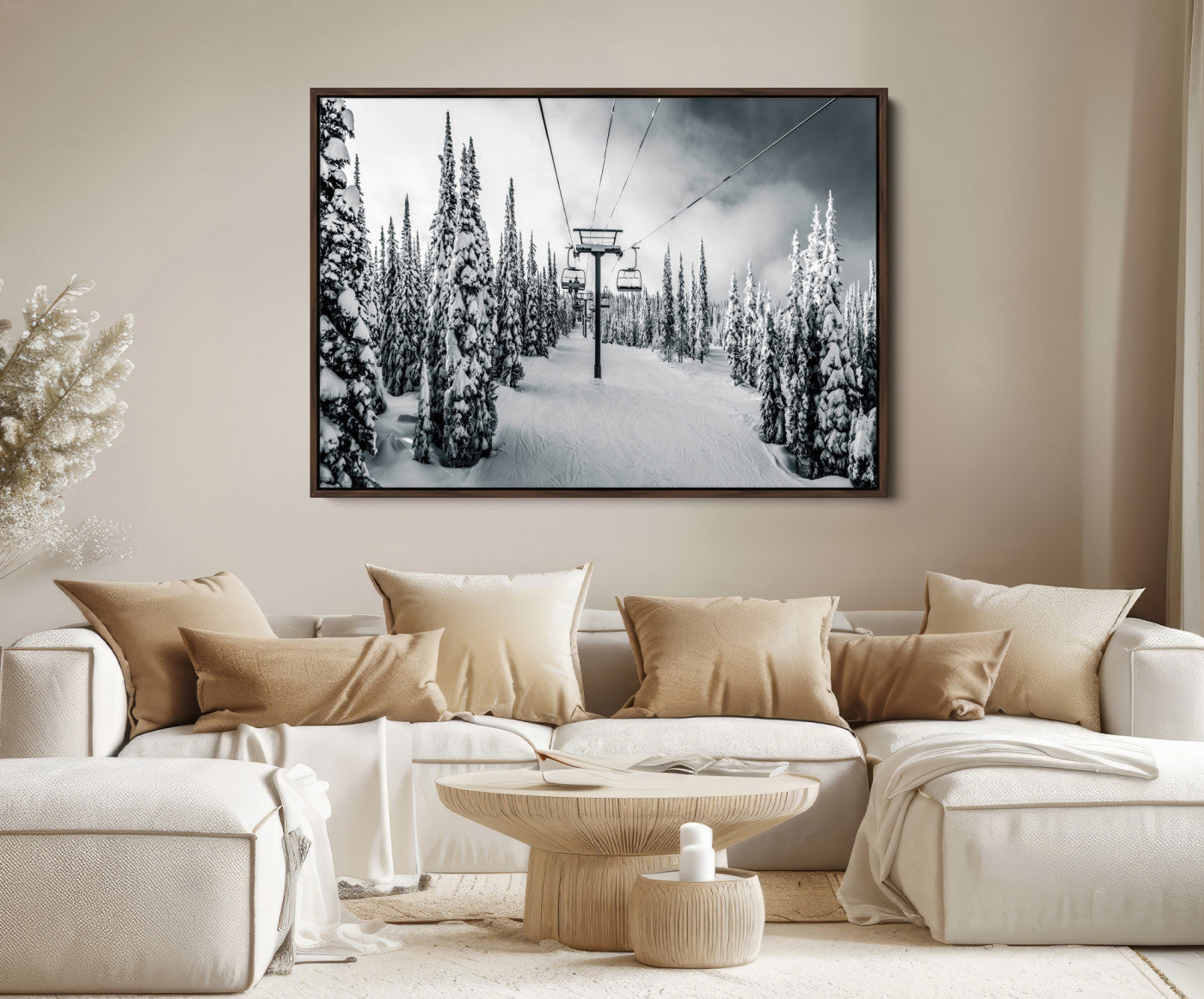 31156828-MGV-FC-36X24_Walnut-Snowy Pines Wall Art Canvas Print, Framed Ski Lift Art Picture Print, Winter Forest Perfect Moody Lodge Decor, Ski Lift Wall Art Canvas