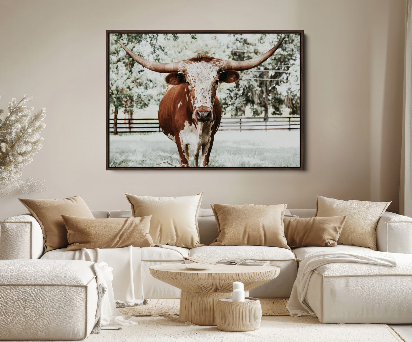 54757537-MGV-FC-36X24_Walnut-Texas Longhorn Wall Art Canvas Print, Framed Spotted Cow Art Picture Print, Horned Cattle Perfect Rustic Western Decor Artwork