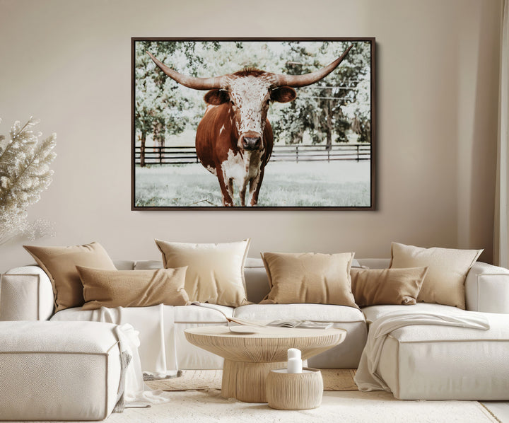Texas Longhorn Wall Art Canvas Print, Framed Spotted Cow Art Picture Print, Horned Cattle Perfect Rustic Western Decor, Framed Horned Cattle Print