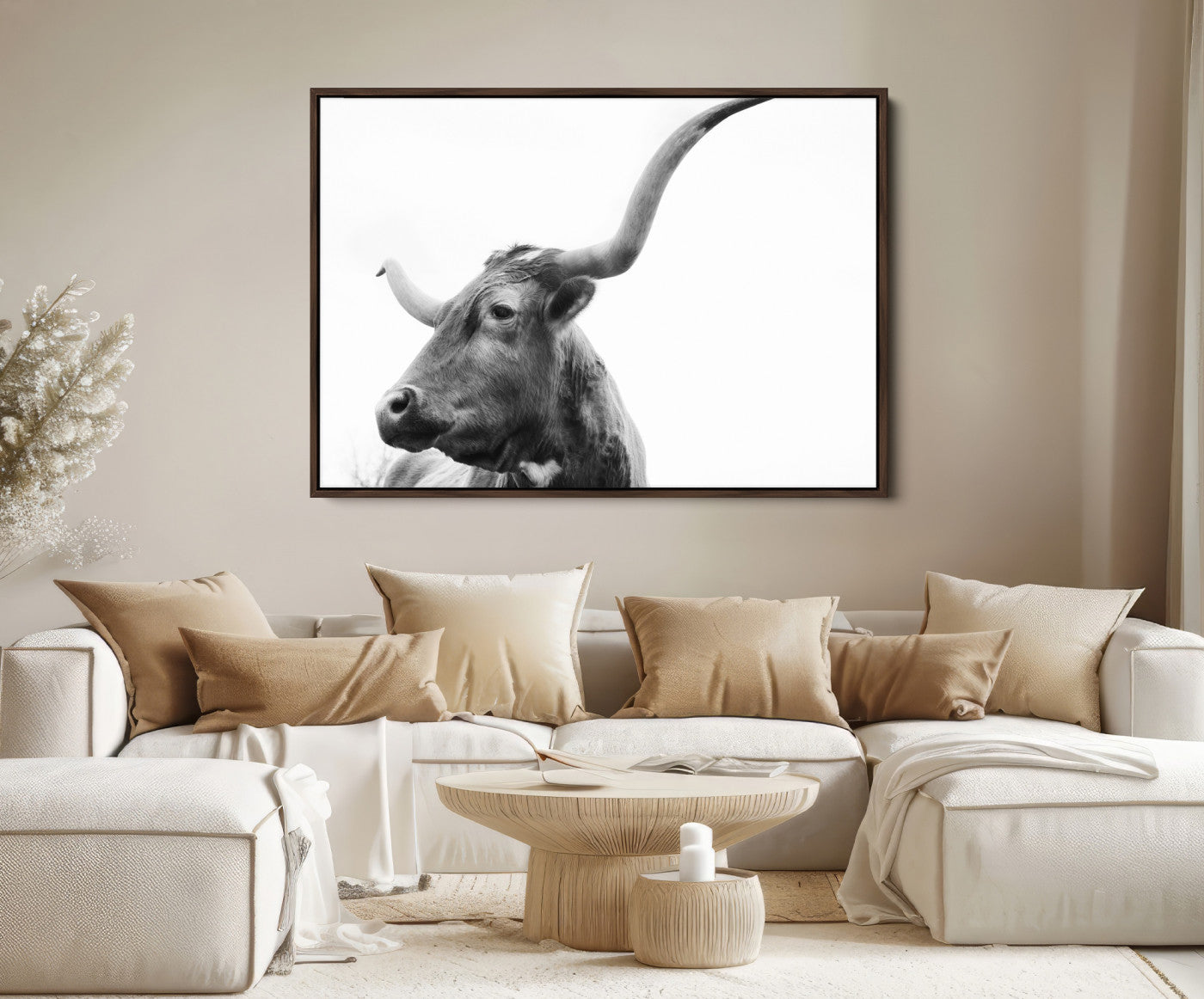 64392617-MGV-FC-36X24_Walnut-Longhorn Wall Art Wall Art Canvas Print, Framed Modern Ranch Style Art Art Picture Print, Monochrome Cow Print Perfect Rustic Western Decor