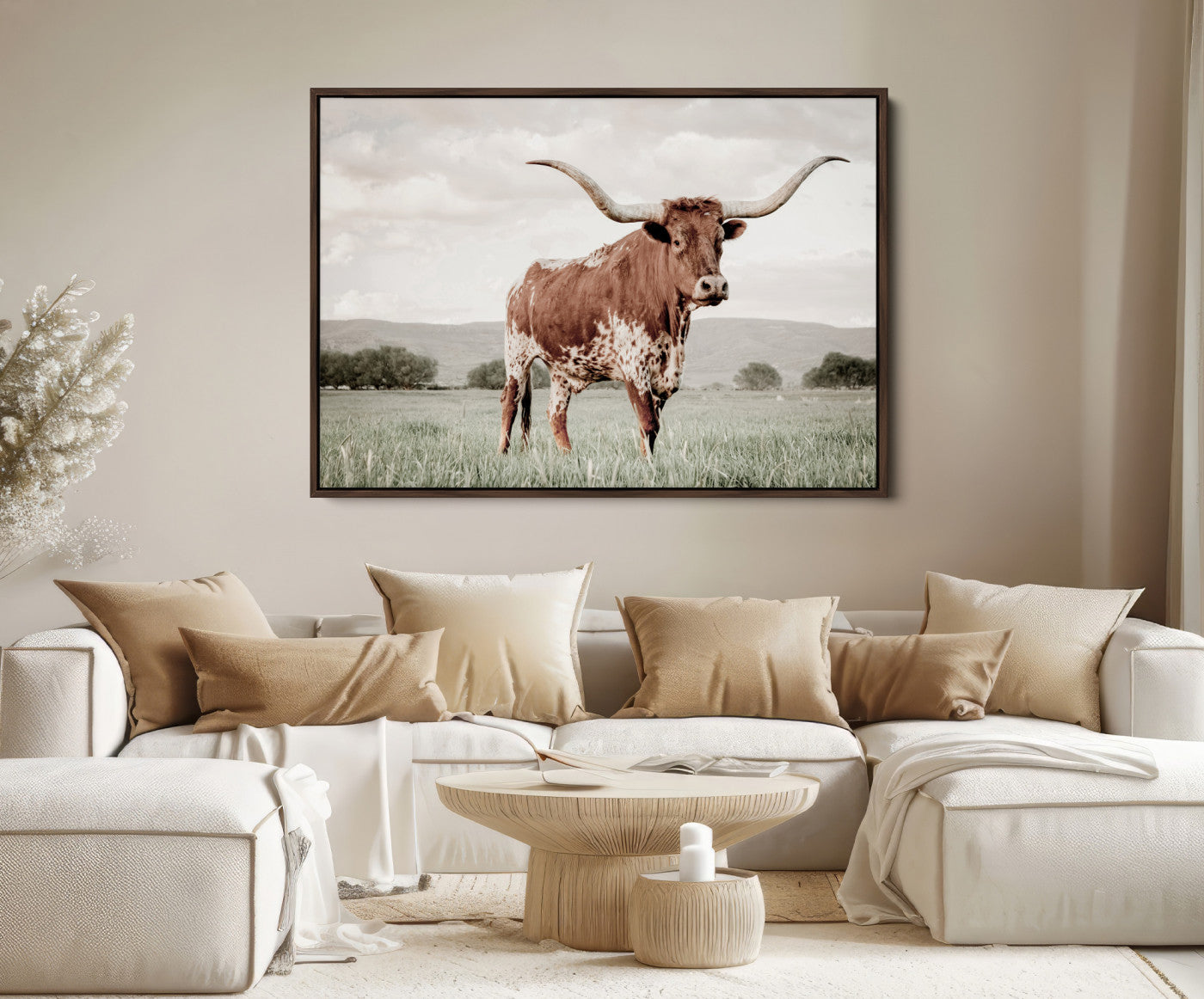 28309012-MGV-FC-36X24-Texas Longhorn Wall Art Canvas Print – Framed Spotted Cattle Horned Bull Western Ranch Animal Artwork for Home Office
