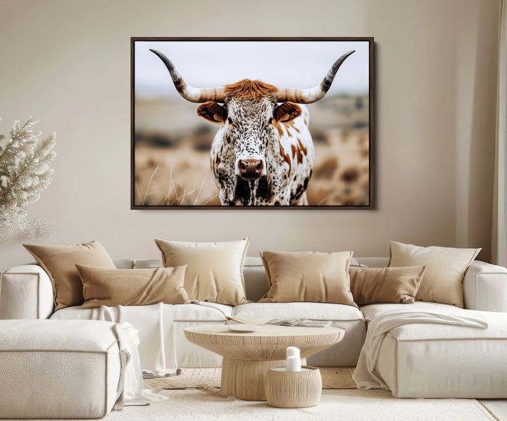 Texas Longhorn Wall Art Canvas Print, Framed Spotted Cow Art Picture Print, Horned Cattle Perfect Rustic Western Decor Artwork
