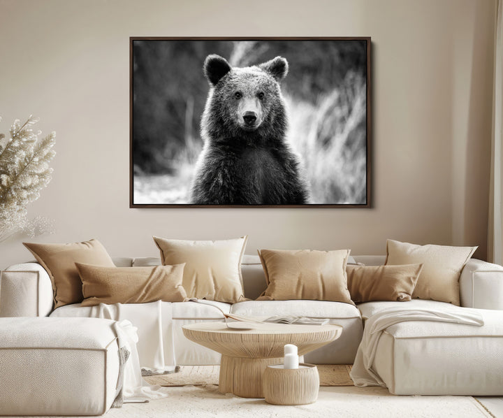 Grizzly Bear Wall Art Canvas Print, Framed Black White Bear Art Picture Print, Wild Bear Perfect Rustic Wildlife Decor
