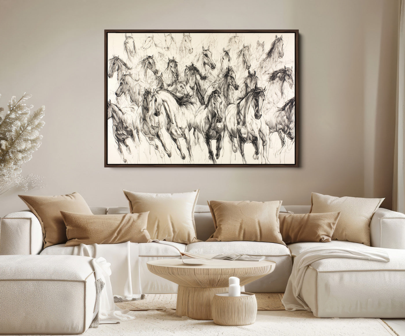Running Horses Wall Art Canvas Print, Framed Horse Sketch Art Picture Print, Galloping Herd Perfect Monochrome Western Decor