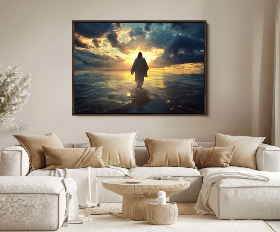 Jesus Walks Wall Art Canvas Print, Framed Divine Sunset Art Picture Print, Spiritual Light Perfect Spiritual Tranquil Decor Artwork