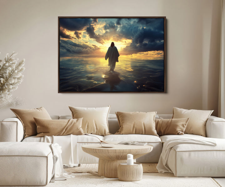 Jesus Walks Wall Art Canvas Print, Framed Divine Sunset Art Picture Print, Spiritual Light Perfect Spiritual Tranquil Decor Artwork