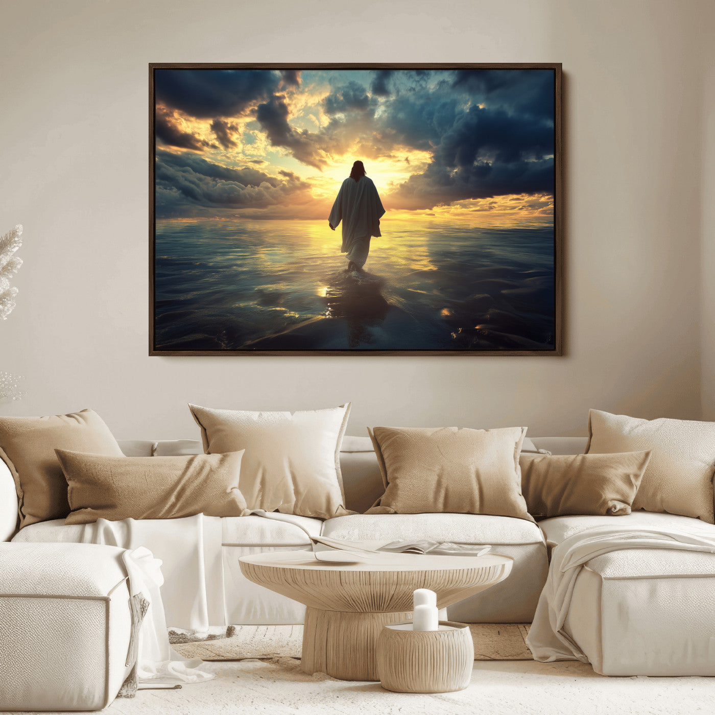 Spiritual artwork of Jesus walking on water at golden hour with divine light, ideal for Christian home decor or prayer room.