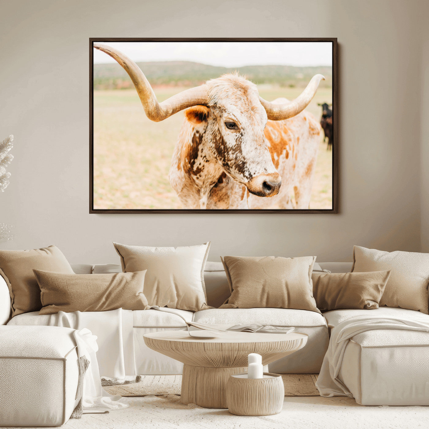 Close-up of a speckled Texas Longhorn in warm prairie tones, perfect for rustic western or countryside-themed room decor.