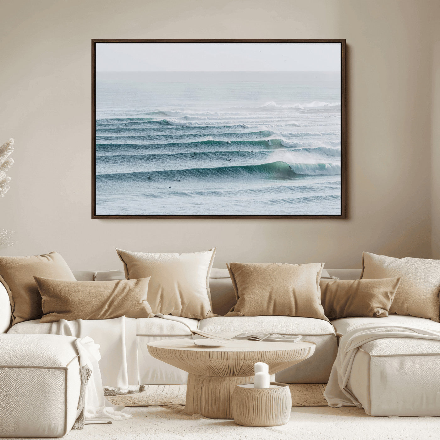 High-angle view of surfers lining up across layered ocean waves, ideal for minimal coastal or surf-inspired room decor.