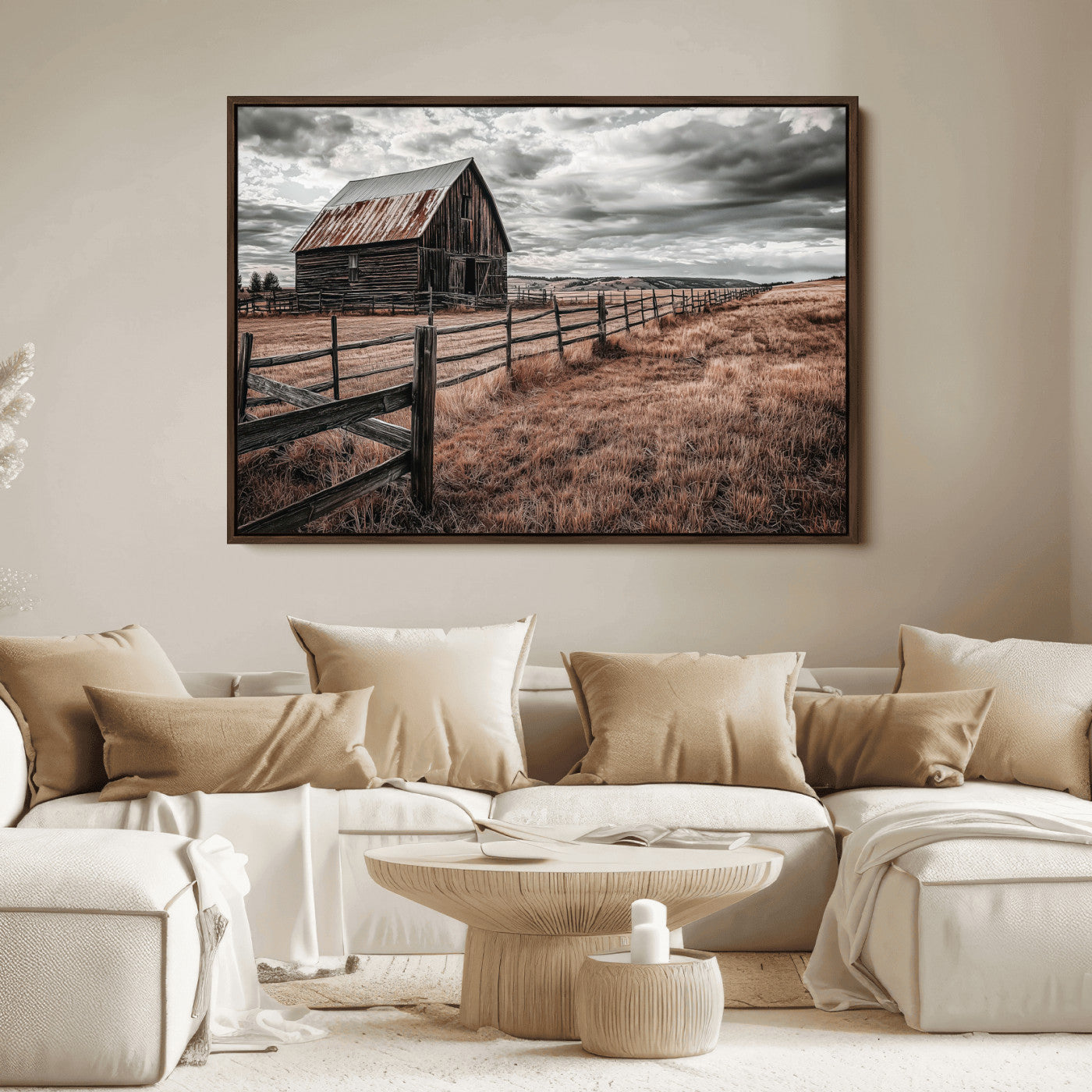 Framed canvas of a rustic barn under a moody sky with weathered fence and dark fields, ideal for farmhouse or rural-style wall decor.