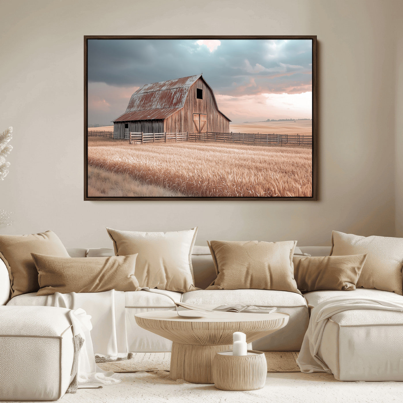 Framed canvas of a rustic barn in a golden wheat field under soft skies, ideal for vintage farmhouse or country-style wall decor.