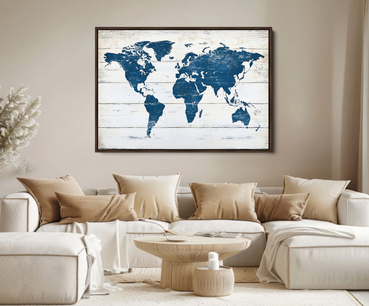 World Map Wall Art Canvas Print, Framed Rustic Atlas Art Picture Print, Wooden Map Perfect Vintage Decor Artwork