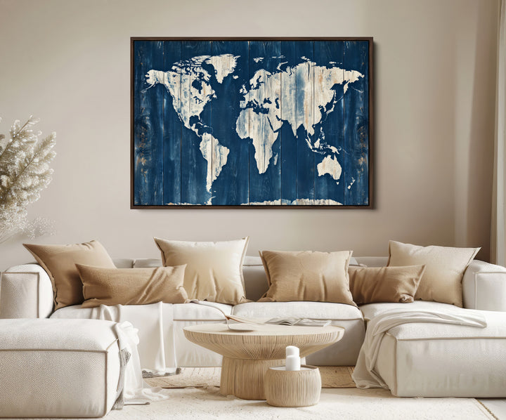 World Map Wall Art Canvas Print, Rustic Map Print, Framed Wooden World Map Art Print, Large Antique Map Decor Printing Perfect for Vintage Decor